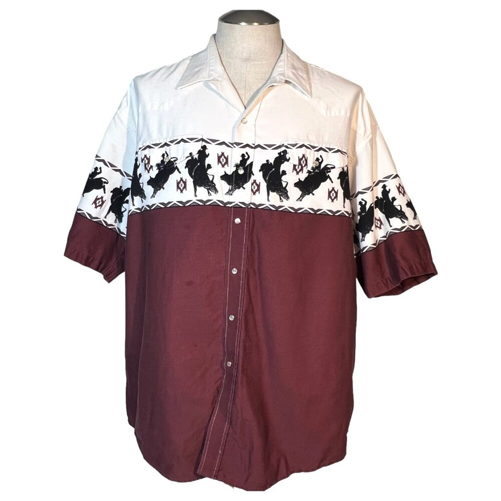 Vintage Roper Western Cowboy Shirt Bull Rodeo‎ Print Pearl Snap Button Size 2XL